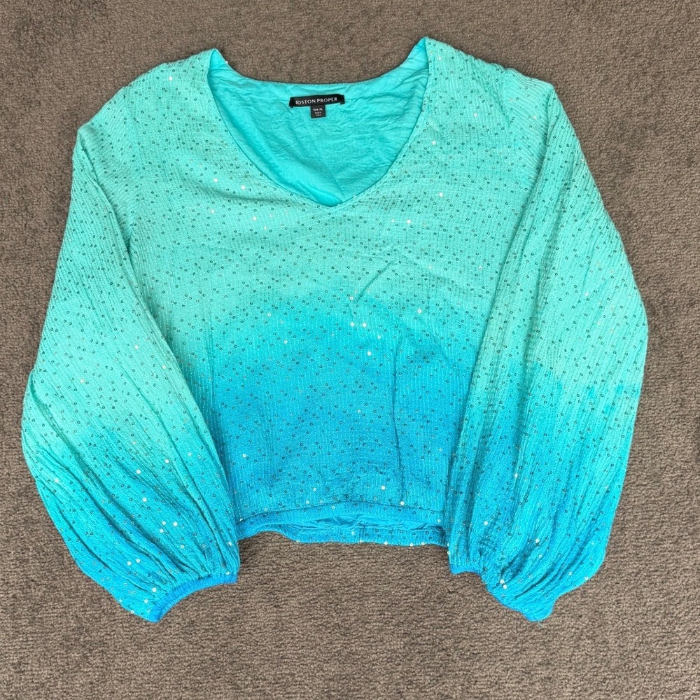 Boston Proper Ombre Sequin V-Neck Balloon Sleeve Blouse Teal Blue XL